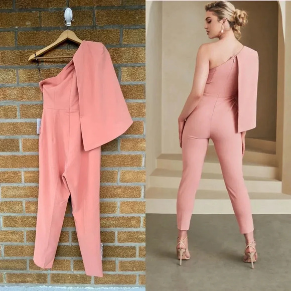 LAVISH ALICE One-shoulder Cape-detail Crepe Jumpsuit In Coral size 2 - Picture 3 of 13
